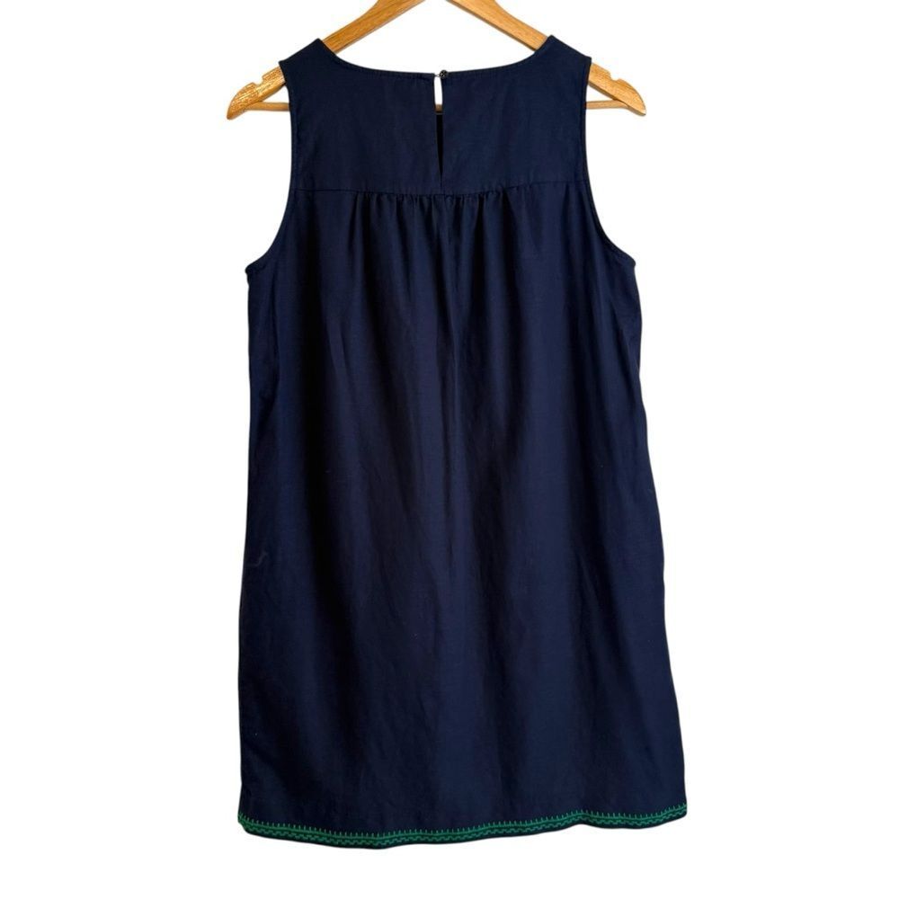 J Crew Factory Navy Blue Linen Floral Green Embroidery Sleeveless Shift Dress - Picture 4 of 7